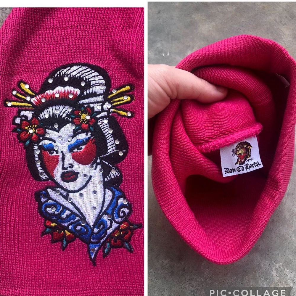 Don Ed Hardy Embellished & Embroidered Japanese Women Beanie - Hot Pink - Picture 4 of 4